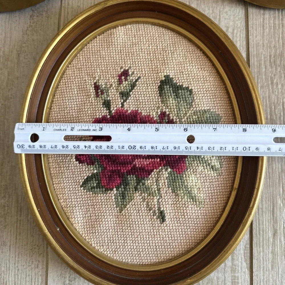 Lot-3 Vintage Needlepoint Rose Flowers in Oval Frames & Hangers Cottage Core